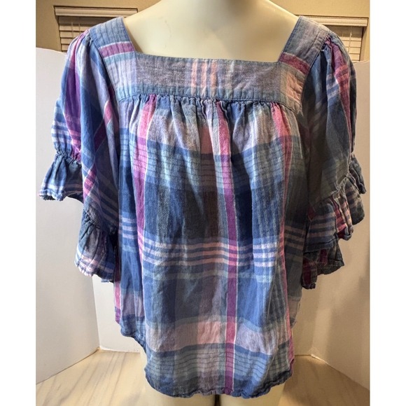 beachlunchlounge Tops - Beach Lunch Lounge Blue Purple Plaid Linen Cotton Square Neck Ruffle Top Large